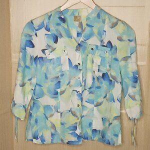 JM Collection Womens Linen Blue Green Watercolor Button Down 4P